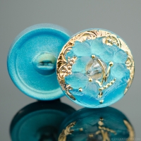 (18mm) Round Lacy 3 Flowers Design Aqua Blue with Gold Paint